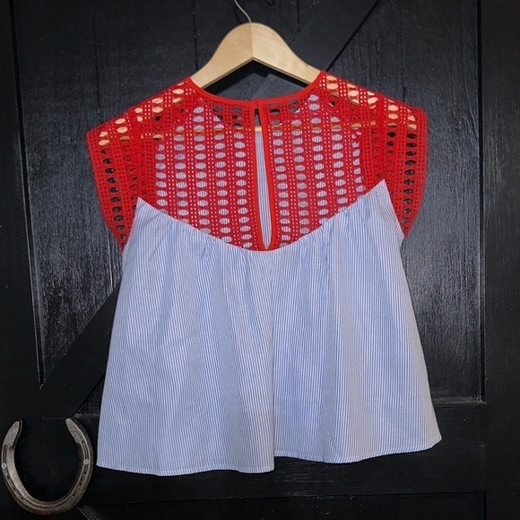 Anthropologie MAEVE Artsy Striped Poplin Crochet Colorful Blouse Top Sz XS - Picture 2 of 8